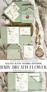 WEDDING INVITATIONS gold / rose gold / silver / glitter Elegant goldwedding inviation set, Natural baby breath flower wedding invitation suite, Minimalistic gold wedding suite, Green invitation set with pocket14