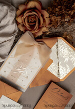 WEDDING INVITATIONS gold / rose gold / silver / glitter terracotta Chiffon bow beaded bespoke Elegant Burnt orange Gold Wedding Invitation Suite, White Perls Golden Wedding Cards, Boho golden folder Wedding Stationery, Vellum etui with monogram23