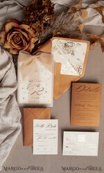 WEDDING INVITATIONS gold / rose gold / silver / glitter terracotta Chiffon bow beaded bespoke Elegant Burnt orange Gold Wedding Invitation Suite, White Perls Golden Wedding Cards, Boho golden folder Wedding Stationery, Vellum etui with monogram23