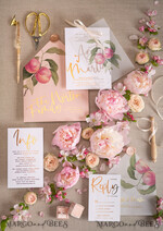 WEDDING INVITATIONS gold / rose gold / silver / glitter Glamour Gold Foil Wedding Invitations, Elegant Peach Wedding Invites, Bespoke Vellum Wedding Cards With Bow, Luxury Modern Wedding Stationery10