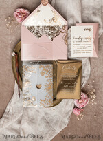 WEDDING INVITATIONS gold / rose gold / silver / glitter Bespoke Acrylic blush Pink gold wedding invitation, Glamour  golden nude Wedding Invitations with envelopes, Modern Golden Plexi Wedding Invitation Suite with rsvp ,Boho Glam Wedding Cards wax seal 19