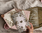 WEDDING INVITATIONS gold / rose gold / silver / glitter Bespoke Acrylic blush Pink gold wedding invitation, Glamour  golden nude Wedding Invitations with envelopes, Modern Golden Plexi Wedding Invitation Suite with rsvp ,Boho Glam Wedding Cards wax seal 19