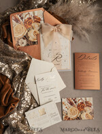 WEDDING INVITATIONS gold / rose gold / silver / glitter terracotta Chiffon bow beaded bespoke Elegant Burnt orange Gold Wedding Invitation Suite, White Perls Golden Wedding Cards, Boho golden folder Wedding Stationery, Vellum etui with monogram21