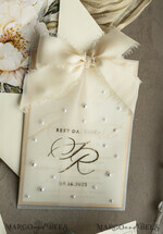 WEDDING INVITATIONS gold / rose gold / silver / glitter Ecru Chiffon bow beaded bespoke Elegant Ivory Gold Wedding Invitation Suite, White Perls Golden Wedding Cards, Elegant golden folder Wedding Stationery, Vellum etui with monogram32