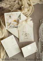 WEDDING INVITATIONS gold / rose gold / silver / glitter Ecru Chiffon bow beaded bespoke Elegant Ivory Gold Wedding Invitation Suite, White Perls Golden Wedding Cards, Elegant golden folder Wedding Stationery, Vellum etui with monogram32