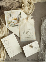 WEDDING INVITATIONS gold / rose gold / silver / glitter Ecru Chiffon bow beaded bespoke Elegant Ivory Gold Wedding Invitation Suite, White Perls Golden Wedding Cards, Elegant golden folder Wedding Stationery, Vellum etui with monogram32