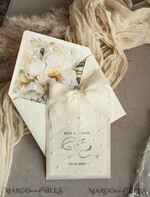 WEDDING INVITATIONS gold / rose gold / silver / glitter Ecru Chiffon bow beaded bespoke Elegant Ivory Gold Wedding Invitation Suite, White Perls Golden Wedding Cards, Elegant golden folder Wedding Stationery, Vellum etui with monogram32