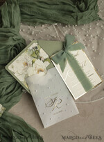WEDDING INVITATIONS gold / rose gold / silver / glitter Sag Green Chiffon bow beaded bespoke Elegant Greenery Gold Wedding Invitation Suite, White Perls Golden Wedding Cards, Boho golden folder Wedding Stationery, Vellum etui with monogram47