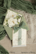 WEDDING INVITATIONS gold / rose gold / silver / glitter Sag Green Chiffon bow beaded bespoke Elegant Greenery Gold Wedding Invitation Suite, White Perls Golden Wedding Cards, Boho golden folder Wedding Stationery, Vellum etui with monogram47
