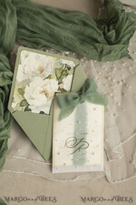 WEDDING INVITATIONS gold / rose gold / silver / glitter Sag Green Chiffon bow beaded bespoke Elegant Greenery Gold Wedding Invitation Suite, White Perls Golden Wedding Cards, Boho golden folder Wedding Stationery, Vellum etui with monogram47