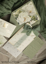 WEDDING INVITATIONS gold / rose gold / silver / glitter Sag Green Chiffon bow beaded bespoke Elegant Greenery Gold Wedding Invitation Suite, White Perls Golden Wedding Cards, Boho golden folder Wedding Stationery, Vellum etui with monogram47