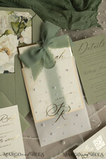 WEDDING INVITATIONS gold / rose gold / silver / glitter Sag Green Chiffon bow beaded bespoke Elegant Greenery Gold Wedding Invitation Suite, White Perls Golden Wedding Cards, Boho golden folder Wedding Stationery, Vellum etui with monogram47