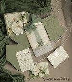 WEDDING INVITATIONS gold / rose gold / silver / glitter Sag Green Chiffon bow beaded bespoke Elegant Greenery Gold Wedding Invitation Suite, White Perls Golden Wedding Cards, Boho golden folder Wedding Stationery, Vellum etui with monogram47