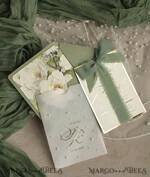 WEDDING INVITATIONS gold / rose gold / silver / glitter Sag Green Chiffon bow beaded bespoke Elegant Greenery Gold Wedding Invitation Suite, White Perls Golden Wedding Cards, Boho golden folder Wedding Stationery, Vellum etui with monogram47