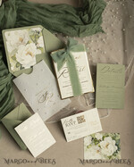 WEDDING INVITATIONS gold / rose gold / silver / glitter Sag Green Chiffon bow beaded bespoke Elegant Greenery Gold Wedding Invitation Suite, White Perls Golden Wedding Cards, Boho golden folder Wedding Stationery, Vellum etui with monogram47