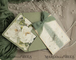 WEDDING INVITATIONS gold / rose gold / silver / glitter Sag Green Chiffon bow beaded bespoke Elegant Greenery Gold Wedding Invitation Suite, White Perls Golden Wedding Cards, Boho golden folder Wedding Stationery, Vellum etui with monogram47