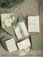 WEDDING INVITATIONS gold / rose gold / silver / glitter Sag Green Chiffon bow beaded bespoke Elegant Greenery Gold Wedding Invitation Suite, White Perls Golden Wedding Cards, Boho golden folder Wedding Stationery, Vellum etui with monogram47