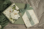 WEDDING INVITATIONS gold / rose gold / silver / glitter Sag Green Chiffon bow beaded bespoke Elegant Greenery Gold Wedding Invitation Suite, White Perls Golden Wedding Cards, Boho golden folder Wedding Stationery, Vellum etui with monogram47
