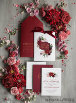 WEDDING INVITATIONS gold / rose gold / silver / glitter Romantic Red Wedding Invites With Bow, Glamour Floral Wedding Invitations, Indian Luxury Gold Foil Wedding Cards, Bespoke Burgundy Pocket Wedding Invitation Suite8
