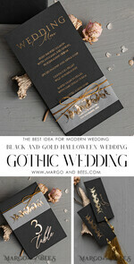 WEDDING INVITATIONS gold / rose gold / silver / glitter Halloween Moon phases Wedding Invitations Suite, Black Invitations, Spooky Halloween Invites, Gothic Wedding Invitation Cards, Skeleton Wedding Set black and gold31
