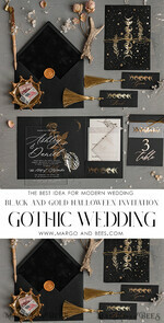 WEDDING INVITATIONS gold / rose gold / silver / glitter Halloween Moon phases Wedding Invitations Suite, Black Invitations, Spooky Halloween Invites, Gothic Wedding Invitation Cards, Skeleton Wedding Set black and gold31