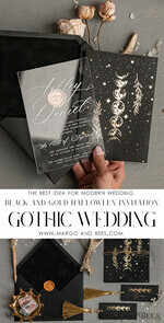 WEDDING INVITATIONS gold / rose gold / silver / glitter Halloween Moon phases Wedding Invitations Suite, Black Invitations, Spooky Halloween Invites, Gothic Wedding Invitation Cards, Skeleton Wedding Set black and gold31