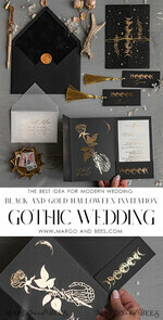 WEDDING INVITATIONS gold / rose gold / silver / glitter Halloween Moon phases Wedding Invitations Suite, Black Invitations, Spooky Halloween Invites, Gothic Wedding Invitation Cards, Skeleton Wedding Set black and gold31