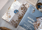 WEDDING INVITATIONS gold / rose gold / silver / glitter Bespoke Acrylic Ice blue wedding invitation, Glamour dusty blue Wedding Invitations, Modern Golden Plexi Wedding Invitation Suite,Boho Glam Wedding Cards wax seal 22