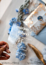 WEDDING INVITATIONS gold / rose gold / silver / glitter Bespoke Acrylic Ice blue wedding invitation, Glamour dusty blue Wedding Invitations, Modern Golden Plexi Wedding Invitation Suite,Boho Glam Wedding Cards wax seal 22