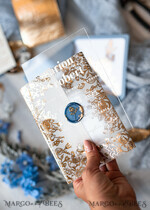 WEDDING INVITATIONS gold / rose gold / silver / glitter Bespoke Acrylic Ice blue wedding invitation, Glamour dusty blue Wedding Invitations, Modern Golden Plexi Wedding Invitation Suite,Boho Glam Wedding Cards wax seal 22