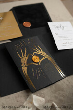 WEDDING INVITATIONS gold / rose gold / silver / glitter Halloween Gold Wedding Invitations, Black Gloss Acrylic Invitation set, Spooky plexi Invites Goth Wedding Invitation Cards, Gold Skeleton Wedding Set36