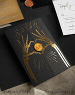 WEDDING INVITATIONS gold / rose gold / silver / glitter Halloween Gold Wedding Invitations, Black Gloss Acrylic Invitation set, Spooky plexi Invites Goth Wedding Invitation Cards, Gold Skeleton Wedding Set36