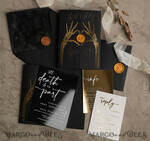 WEDDING INVITATIONS gold / rose gold / silver / glitter Halloween Gold Wedding Invitations, Black Gloss Acrylic Invitation set, Spooky plexi Invites Goth Wedding Invitation Cards, Gold Skeleton Wedding Set36