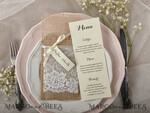 MENU & PROGRAMS rustic Burlap Silverware Holder, Rustic Lace table decor, Wedding Table Set, Table Setting, Burlap table decoration, Wedding Rustic Menu With Ecru Ribbon And A Tag  3