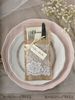 MENU & PROGRAMS rustic Burlap Silverware Holder, Rustic Lace table decor, Wedding Table Set, Table Setting, Burlap table decoration, Wedding Rustic Menu With Ecru Ribbon And A Tag  3