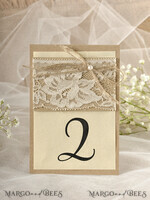 TABLE DECOR SIGNS Wood Eco Rustic Table numbers Romantic Lace Eco Brown and Ivory Wedding Table Numbers with Burlap Twine, Custom Eco Handcrafted Wedding Stationery, Simple Natural Handmade Rustic Table Cards3