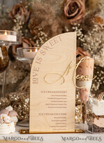 TABLE DECOR SIGNS Wood Eco Rustic Table numbers Rustic Wooden Half Arch Dessert Menu with Stand, Country Barn Wood Acrylic gold Candy Bar Sign, Natural Wood Gold Plexi Table Dessert Menu Wedding Table Decor, Wedding Signage Golden mirror and Wooden Candy Bar Menu 10
