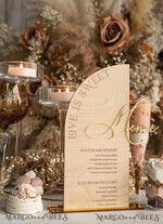 TABLE DECOR SIGNS Wood Eco Rustic Table numbers Rustic Wooden Half Arch Dessert Menu with Stand, Country Barn Wood Acrylic gold Candy Bar Sign, Natural Wood Gold Plexi Table Dessert Menu Wedding Table Decor, Wedding Signage Golden mirror and Wooden Candy Bar Menu 10