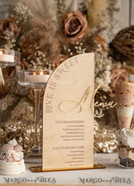 TABLE DECOR SIGNS Wood Eco Rustic Table numbers Rustic Wooden Half Arch Dessert Menu with Stand, Country Barn Wood Acrylic gold Candy Bar Sign, Natural Wood Gold Plexi Table Dessert Menu Wedding Table Decor, Wedding Signage Golden mirror and Wooden Candy Bar Menu 10