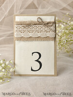 TABLE DECOR SIGNS Wood Eco Rustic Table numbers Rustic Wedding Table Number with Burlap Twine and Lace, Barn Wedding Table Cards, Elegant Eco Romantic Personalized Card, Simple Rustic Lace Wedding Table Decor3