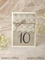 TABLE DECOR SIGNS Wood Eco Rustic Table numbers Rustic Eco Wedding Table Number with Burlap Twine, Natural Wedding Table Cards, Elegant Romantic Personalized Cards, Simple Rustic Ecru Lace Wedding Table Décor4