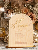 TABLE DECOR SIGNS Wood Eco Rustic Table numbers Rustic Wooden Arch Dinner menu, Wood & Acrylic gold Table Sign, Gold Barn Plexi Wedding Menu Combo Rustic Boho Wedding Table Decor, Wedding Signage Golden mirror table Menus14