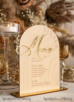 TABLE DECOR SIGNS Wood Eco Rustic Table numbers Rustic Wooden Arch Dinner menu, Wood & Acrylic gold Table Sign, Gold Barn Plexi Wedding Menu Combo Rustic Boho Wedding Table Decor, Wedding Signage Golden mirror table Menus14