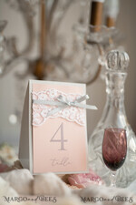 TABLE DECOR SIGNS Wood Eco Rustic Table numbers Romantic Wedding Table Numbers with Grey Ribbon, Rustic Vintage Lace Personalized Table Cards, Light Grey and Blush Pink Shabby Chic Wedding Table Décor6