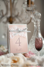 TABLE DECOR SIGNS Wood Eco Rustic Table numbers Romantic Wedding Table Numbers with Grey Ribbon, Rustic Vintage Lace Personalized Table Cards, Light Grey and Blush Pink Shabby Chic Wedding Table Décor6