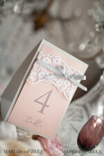 TABLE DECOR SIGNS Wood Eco Rustic Table numbers Romantic Wedding Table Numbers with Grey Ribbon, Rustic Vintage Lace Personalized Table Cards, Light Grey and Blush Pink Shabby Chic Wedding Table Décor6