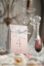 TABLE DECOR SIGNS Wood Eco Rustic Table numbers Romantic Wedding Table Numbers with Grey Ribbon, Rustic Vintage Lace Personalized Table Cards, Light Grey and Blush Pink Shabby Chic Wedding Table Décor6