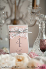 TABLE DECOR SIGNS Wood Eco Rustic Table numbers Romantic Wedding Table Numbers with Grey Ribbon, Rustic Vintage Lace Personalized Table Cards, Light Grey and Blush Pink Shabby Chic Wedding Table Décor6