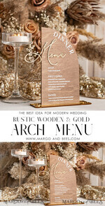 TABLE DECOR SIGNS Wood Eco Rustic Table numbers Rustic Wooden half Arch Dinner menu, Wood & Acrylic gold Table Sign, Gold Barn Plexi Wedding Menu Combo Rustic Boho Wedding Table Decor, Wedding Signage Golden mirror table Menus9