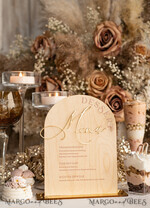 TABLE DECOR SIGNS Wood Eco Rustic Table numbers Rustic Wooden Arch Dessert Menu with Stand, Country Barn Wood Acrylic gold Candy Bar Sign, Natural Wood Gold Plexi Table Dessert Menu Wedding Table Decor, Wedding Signage Golden mirror and Wooden Candy Bar Menu 10